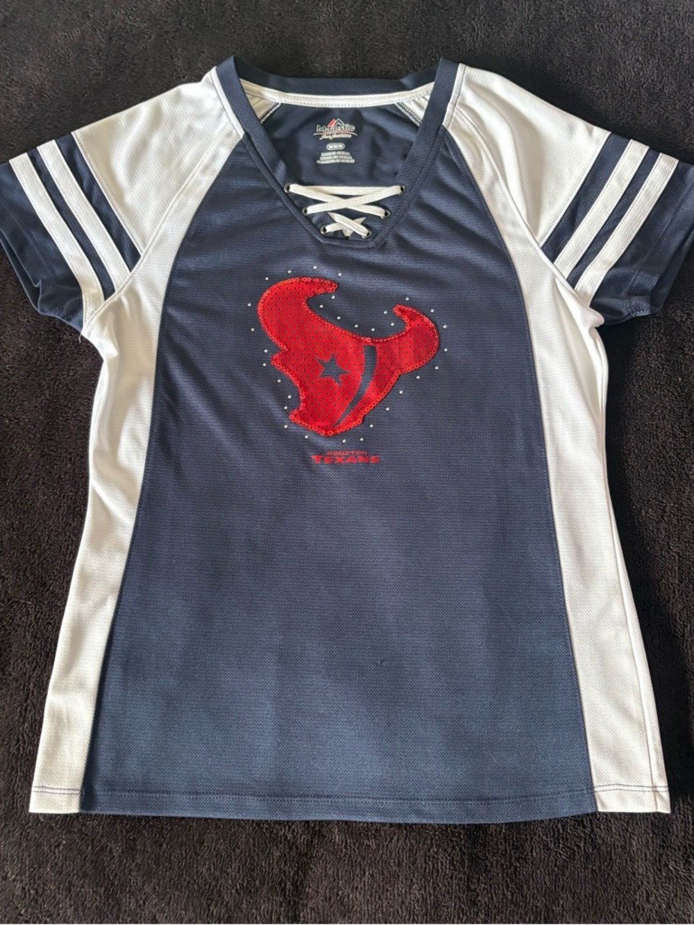 Houston Texans x Majestic sequined logo navy blue laced neck ringer tee size med